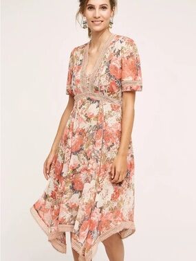 Ranna Gill for Anthropologie Rose Bouquet Floral Chiffon Midi Dress Size 8